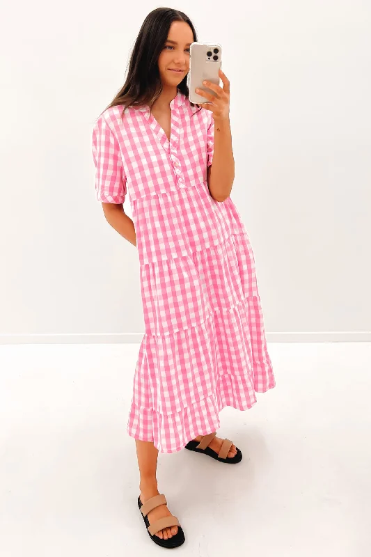 French Style Elena Midi Dress Pink Check