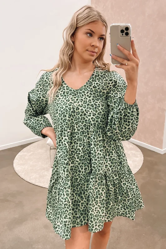 Retro Fashion Indianna Mini Dress Sage Leopard