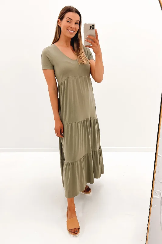 High-end Fabrics Lola Tiered Dress Khaki