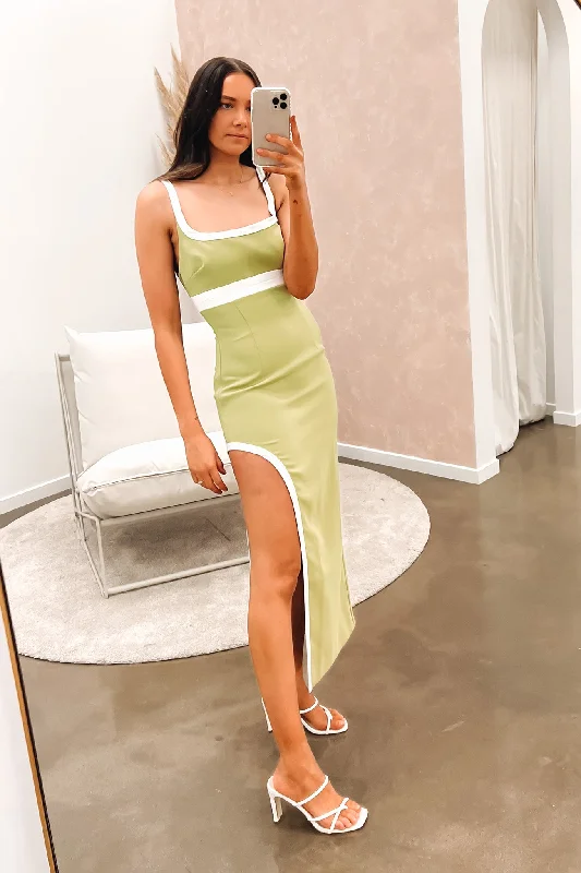 Playful Style Lori Contrast Split Midi Dress Olive Ivory