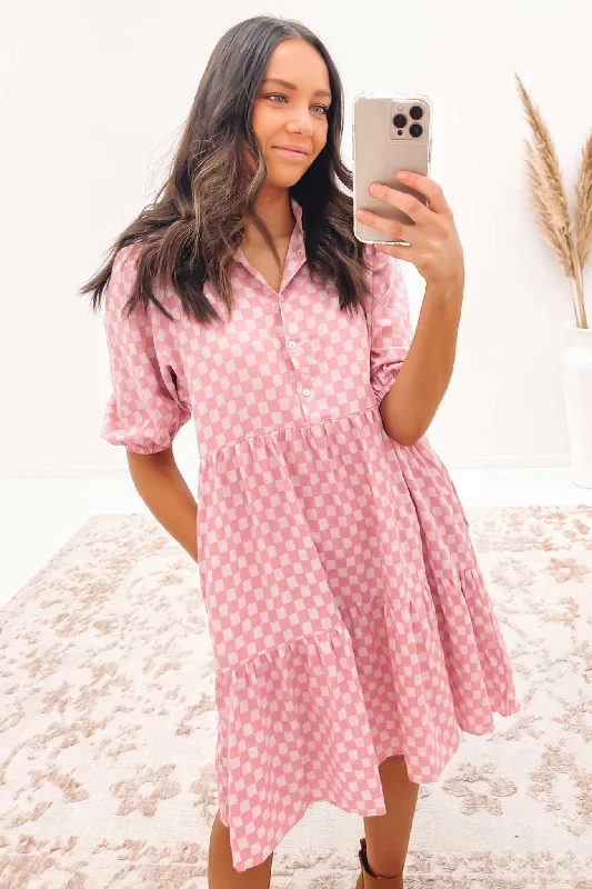 Slightly Flared Design Mischa Mini Dress Pink Check