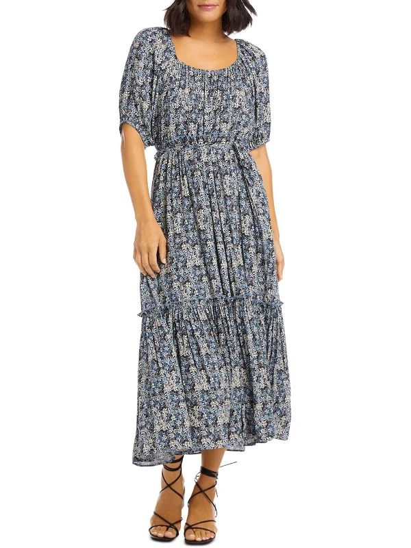 French Retro On Holiday Womens Floral Ruffled Midi Dress