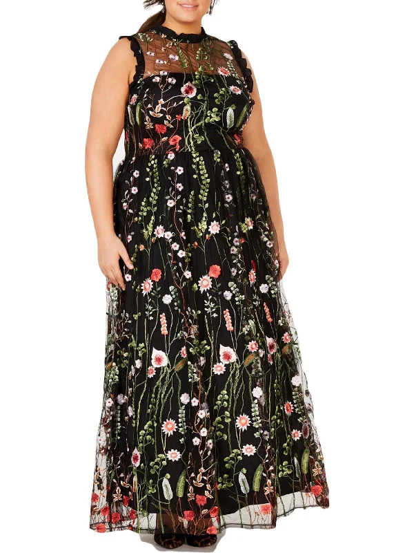 Comfortable And Casual Plus Womens Embroidered Floral Maxi Dress