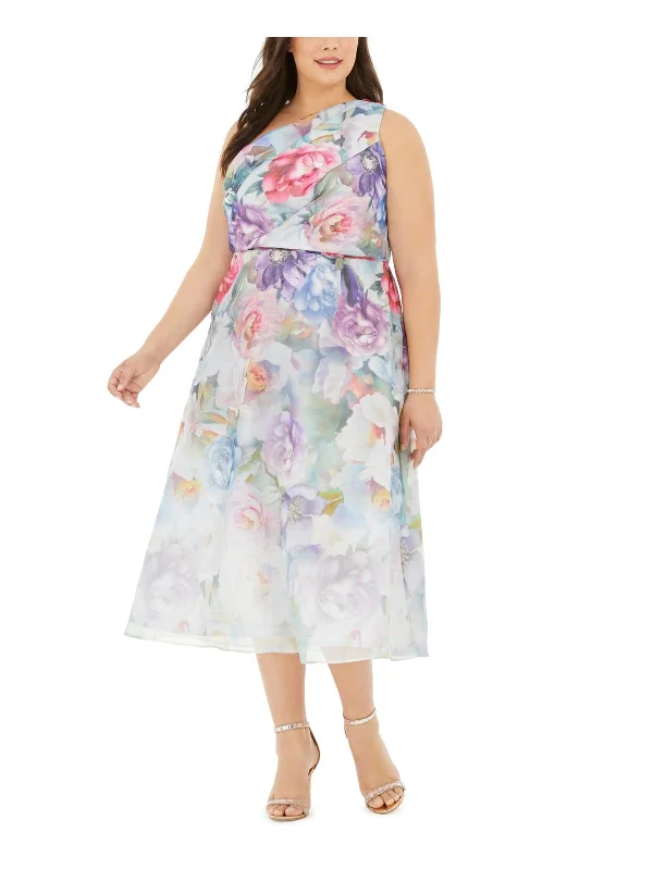 New Products Plus Womens Floral Print One Shoulder Midi Dress