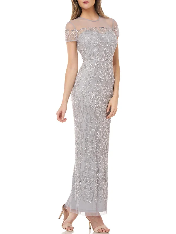 Elegant And Casual Womens Beaded Illusion Yoke Evening Dress