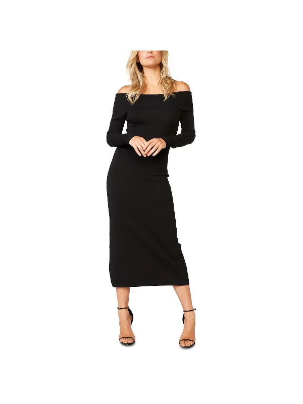 Simple Solid Color Womens Knit Off-The-Shoulder Sheath Dress